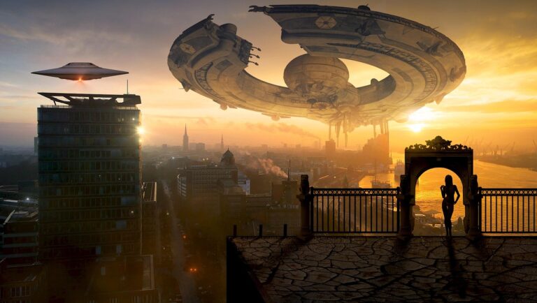 fantasy, ufo, city, science fiction, nature, spaceship, futuristic, buildings, rooftop, woman, sunset, surreal, mystical, unidentified flying object, space travel, utopia, sci fi, photomontage-2861815.jpg