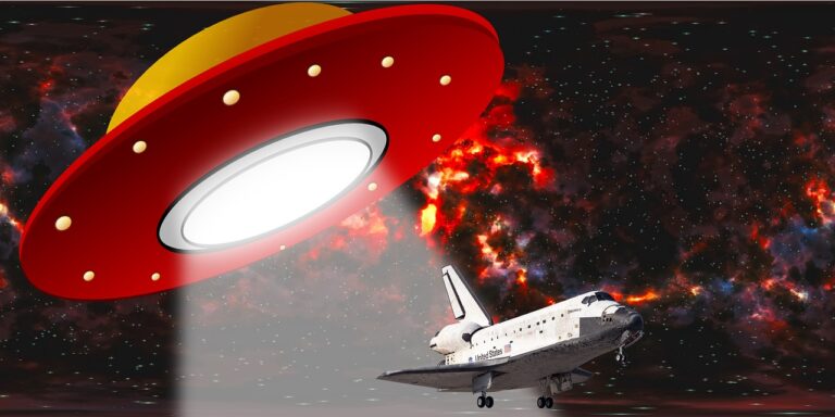 Digital illustration of a NASA space shuttle encountering a large glowing red UFO in orbit above Earth
