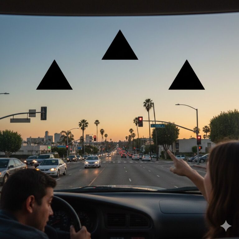 Three black triangular UFOs hovering in a loose formation over the Los Angeles skyline at dusk, as seen through a car windshield with a witness pointing