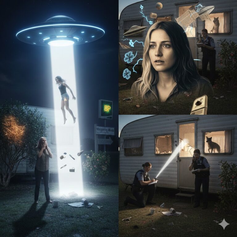 AI-generated artistic collage depicting the 2001 Amy Rylance abduction case, featuring a UFO beam lifting a woman from a caravan at Whispering Winds, a close-up of a distressed witness, and police investigating the scene with flashlights in Gundiah, Australia.