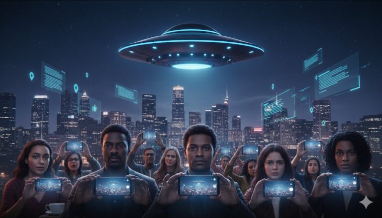 Cinematic digital illustration of a diverse crowd in a modern city at night, holding up smartphones to record a large, glowing blue disc-shaped UFO hovering above the skyline, representing the rise of digital witness testimony in the 2010s.