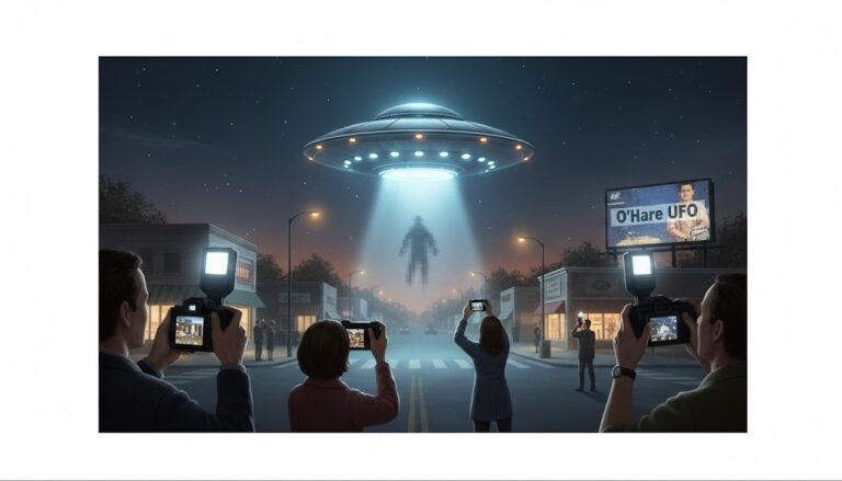 Digital illustration of an early 2000s street scene where witnesses are using digital cameras to capture a glowing disc-shaped UFO hovering over a town, with a billboard referencing the 2006 O'Hare airport sighting.