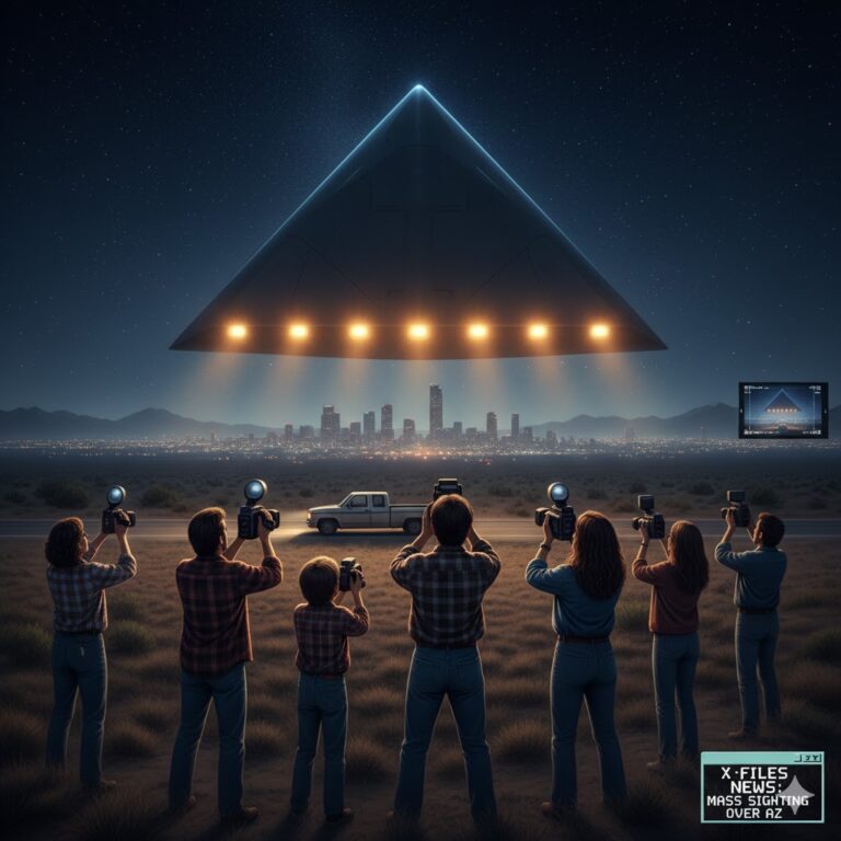 Cinematic digital illustration of witnesses in a desert landscape using 1990s-era camcorders to film a massive, glowing triangular UFO hovering over a distant city skyline, evocative of the 1997 Phoenix Lights mass sighting.