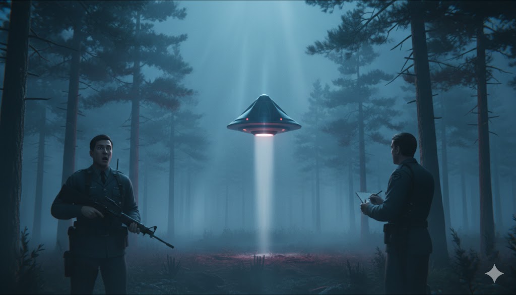 Cinematic digital illustration of two military officers in a misty forest investigating a glowing, diamond-shaped UFO hovering above the ground, referencing the 1980 Rendlesham Forest incident in England.