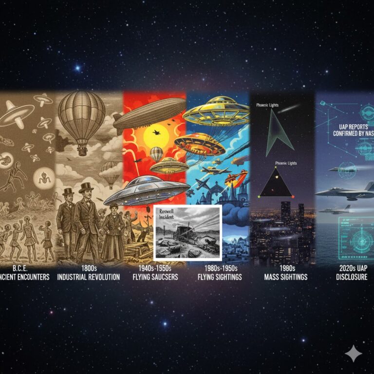 A panoramic digital collage showing the evolution of UFO sightings through history, from ancient stone carvings and 1950s flying saucers to modern triangular UAPs, representing a chronological timeline of alien encounters.