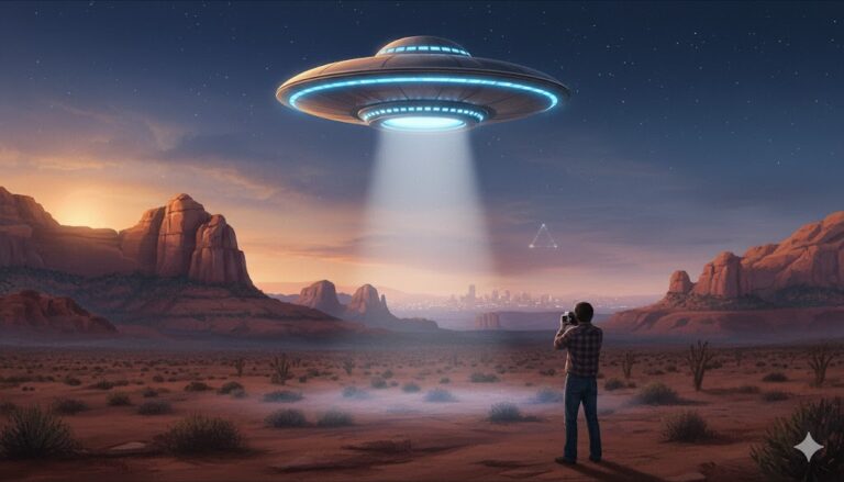 Cinematic digital illustration of a glowing UFO hovering over the red rock formations of Sedona, Arizona, at night, symbolizing the state's rich history of alien encounters and UAP sightings.