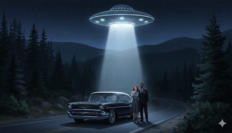 Cinematic digital illustration of an interracial couple (Betty and Barney Hill) standing by their 1957 Chevrolet on a dark New Hampshire mountain road, looking up at a glowing, disk-shaped craft descending from the night sky