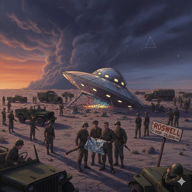 A high-detail digital illustration of a metallic, disc-shaped UFO crashed in the New Mexico desert scrubland at twilight, with military recovery vehicles and a weathered "Roswell" sign in the foreground.