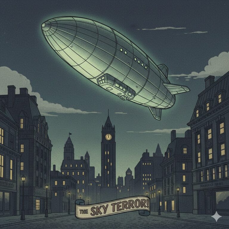A vintage-style digital illustration of a glowing, cigar-shaped "mystery airship" hovering over a silent 1920s city skyline at night, representing early 20th-century UFO sightings.