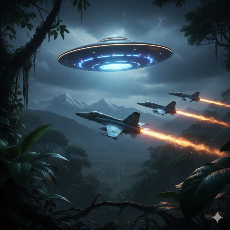 UFO sighting illustration with military jet pursuit South America