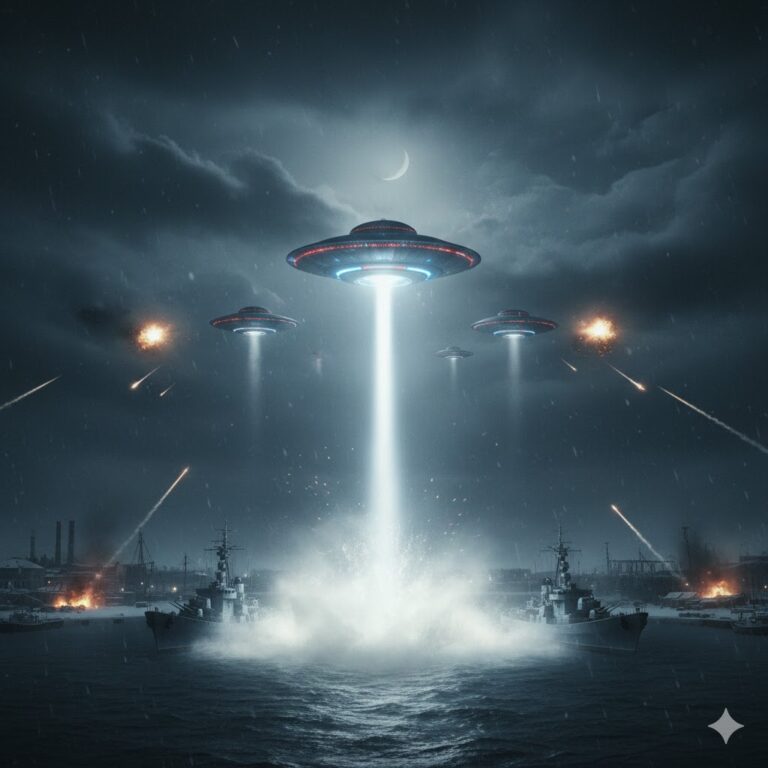 Dramatic UFO sighting illustration over a dark forest landscape, representing documented UAP cases in Russia and the Caucasus region.