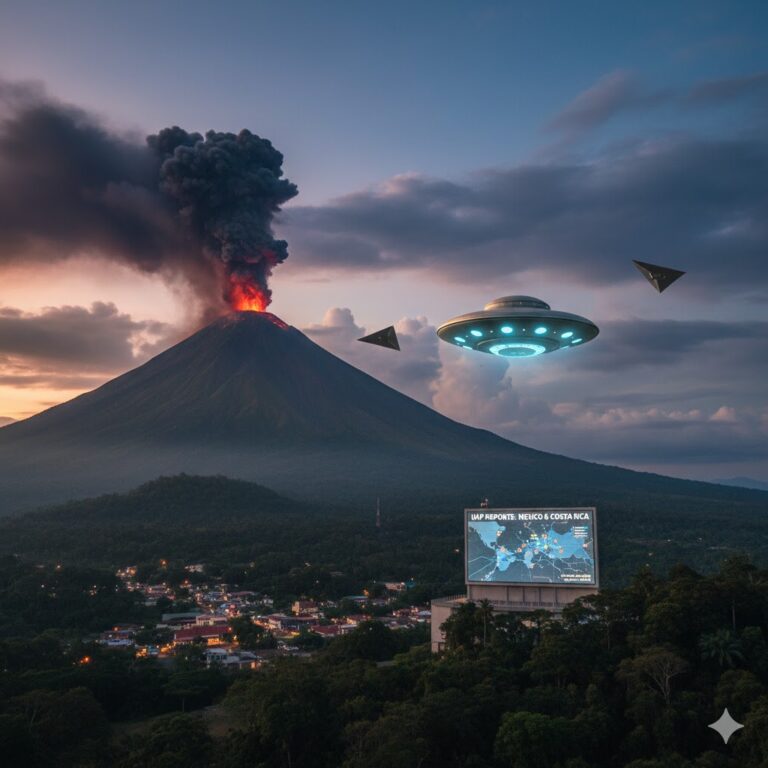 UFO sighting over a Central American volcanic landscape, documenting UAP reports in Mexico and Costa Rica.