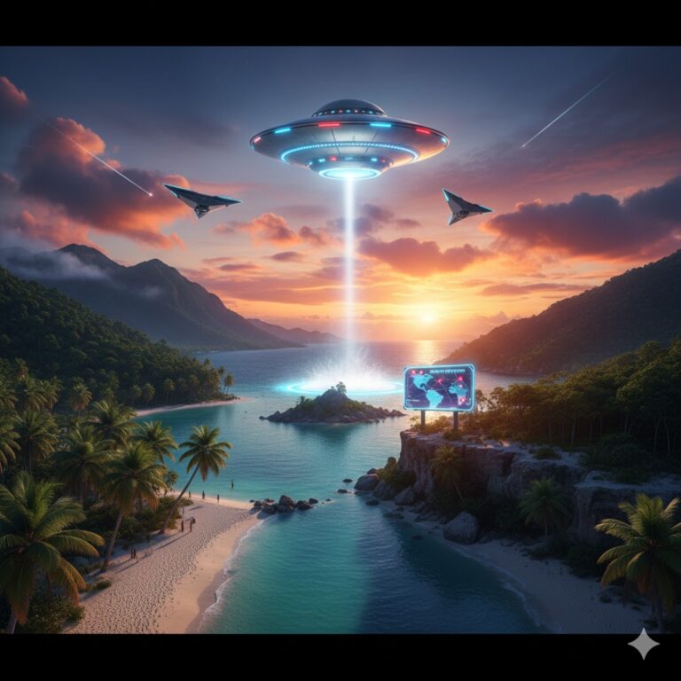 Tropical Caribbean sunset landscape representing UFO sighting locations in Puerto Rico and the Dominican Republic.