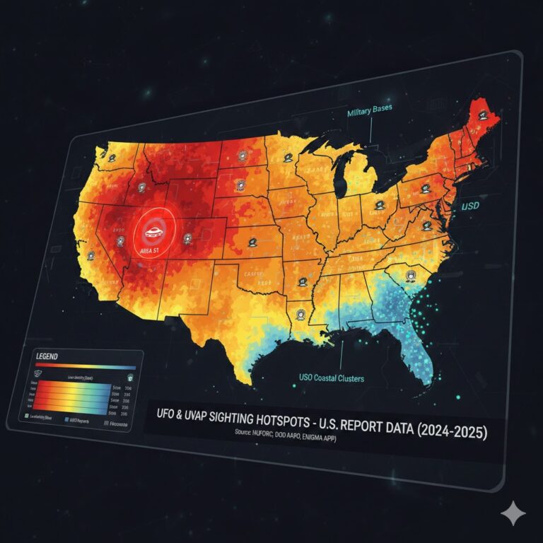 Map of the United States highlighting UFO sighting hotspots and UAP report locations.