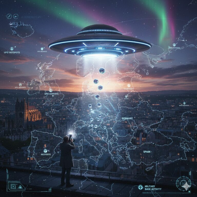 UFO sighting over a European city representing documented UAP reports across the continent.