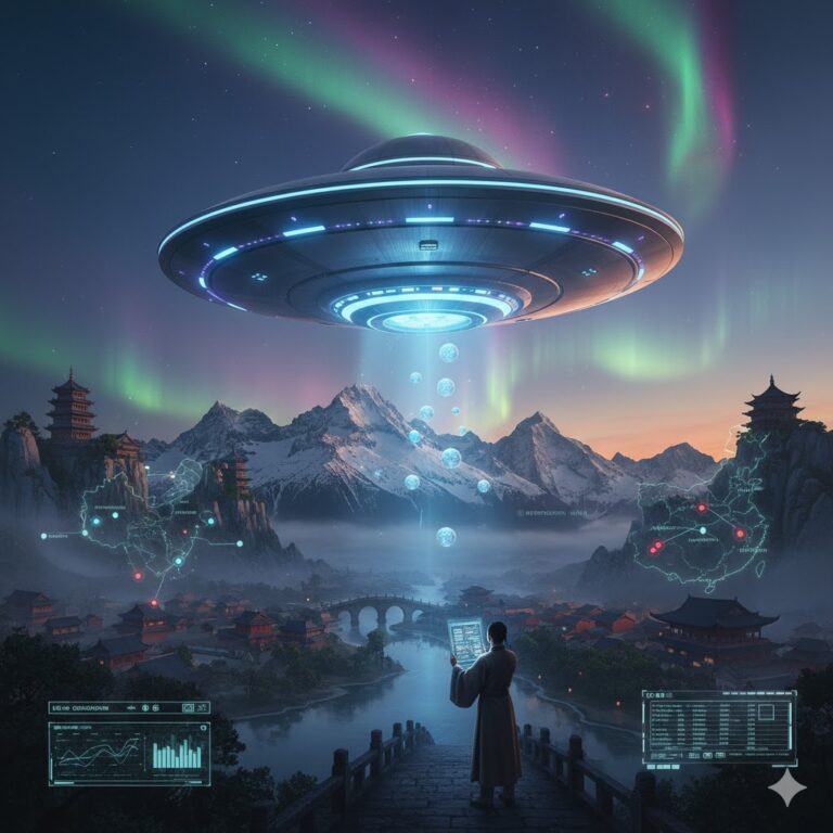Digital illustration of a metallic UFO craft over a traditional Chinese landscape, representing documented UAP reports and historical sightings in China."