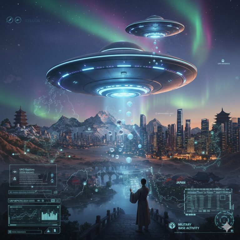 AI-generated illustration of a mysterious alien spacecraft hovering over a dark landscape, representing Asian UAP sightings.
