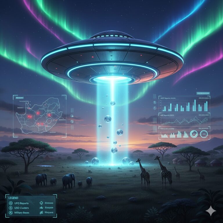 UFO sighting over an African savanna, documenting UAP reports in South Africa and Zimbabwe