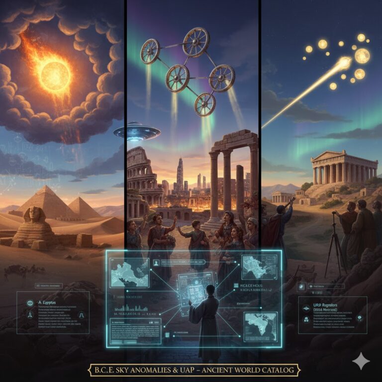 A split-panel digital illustration depicting ancient UAP sightings: a fiery sun-like anomaly over the Egyptian pyramids and Sphinx, mysterious golden wheels in the sky over a Roman coliseum, and bright celestial orbs over an ancient Greek temple.
