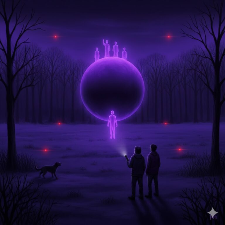 Digital illustration of a mysterious night encounter in a dark forest, featuring a glowing purple orb and ethereal humanoid figures observed by two campers and their dog using a flashlight.