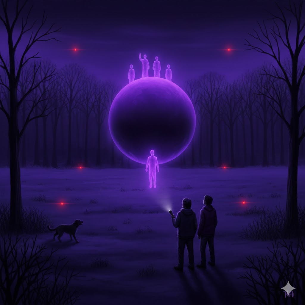 Digital illustration of a mysterious night encounter in a dark forest, featuring a glowing purple orb and ethereal humanoid figures observed by two campers and their dog using a flashlight.