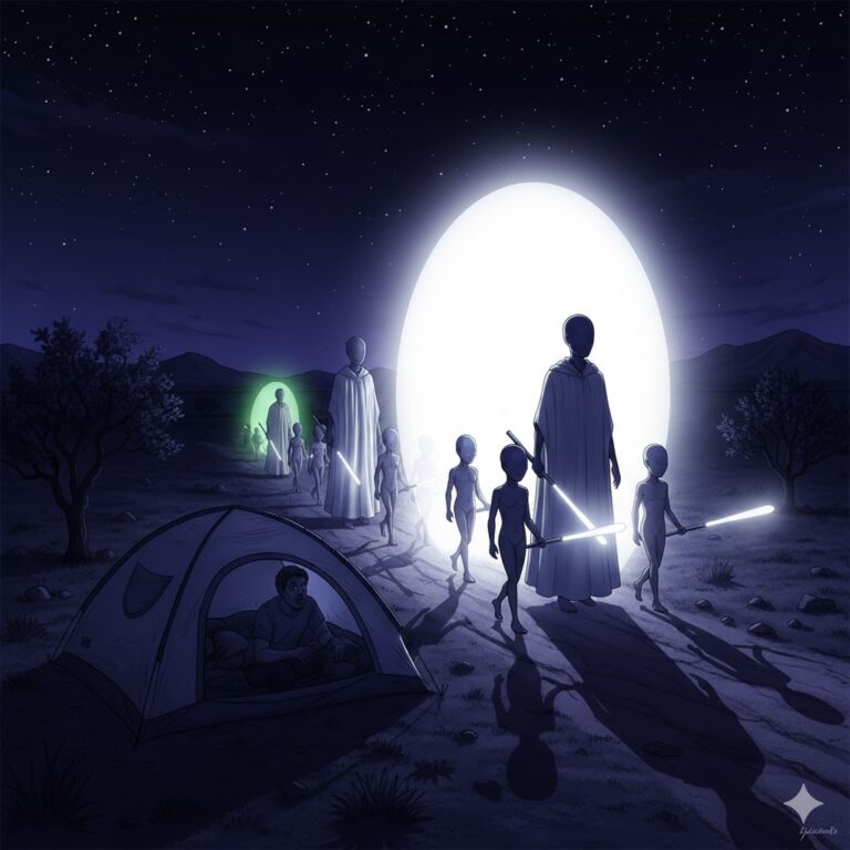 Digital illustration of a silver metallic, circular UFO craft with a smoothly concave bottom hovering silently over a residential backyard swimming pool at night in Valencia, California.