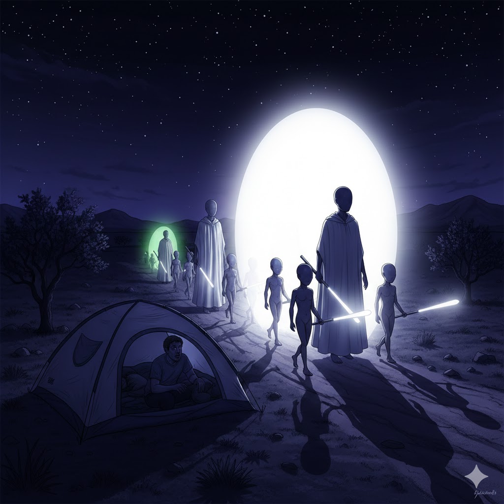 Digital illustration of a silver metallic, circular UFO craft with a smoothly concave bottom hovering silently over a residential backyard swimming pool at night in Valencia, California.