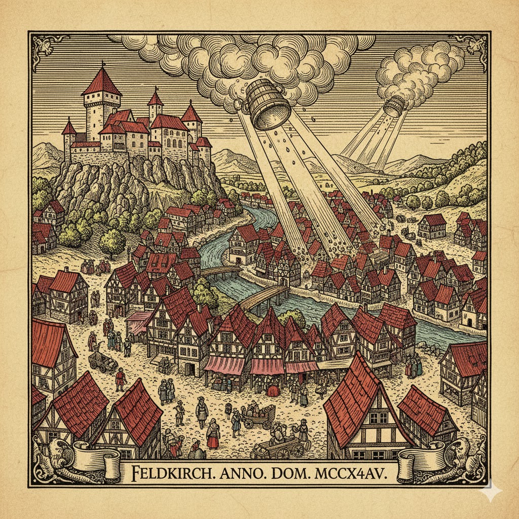 A medieval-style woodcut illustration depicting a fiery, bucket-shaped object falling from the clouds over the town of Feldkirch, Austria, in 1344, with rays of light shining down on the historical market square and timber-framed buildings.