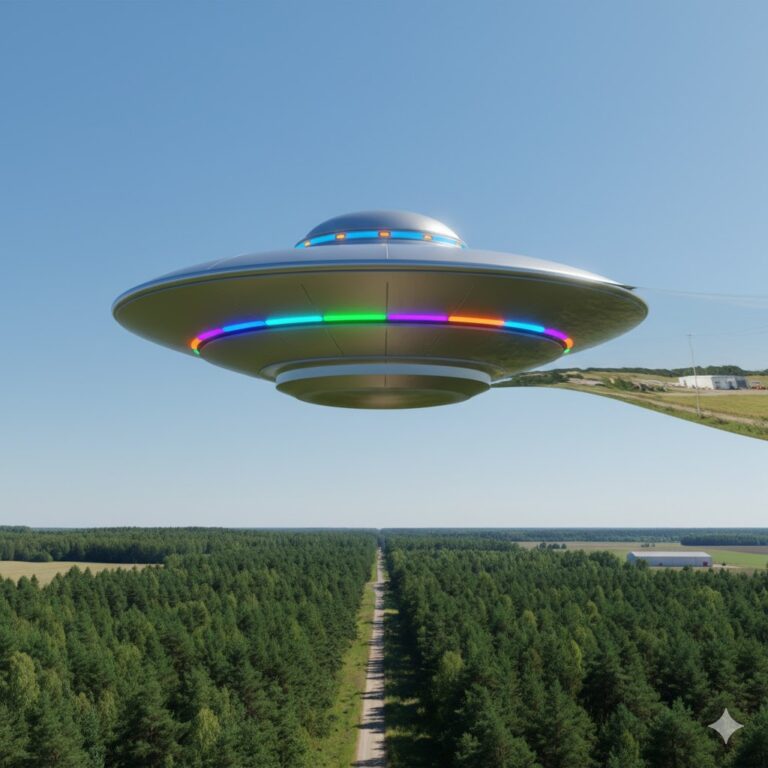 Digital illustration of a silver, saucer-shaped UFO with a string of multi-colored lights in the center, hovering over a forest treeline in Kaunas, Lithuania, during a bright summer afternoon. One side of the craft is becoming semi-translucent, depicting an active invisibility shield.