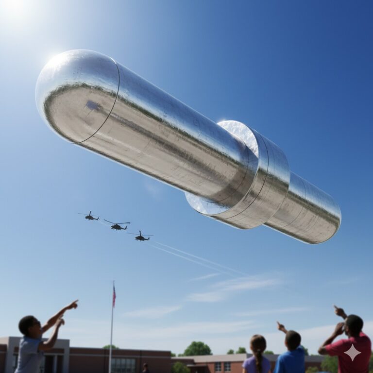 Silver cigar-shaped UFO hovering over Lake Hamilton, Arkansas, with a second smaller cylinder emerging from its side during a 1996 daytime sighting.