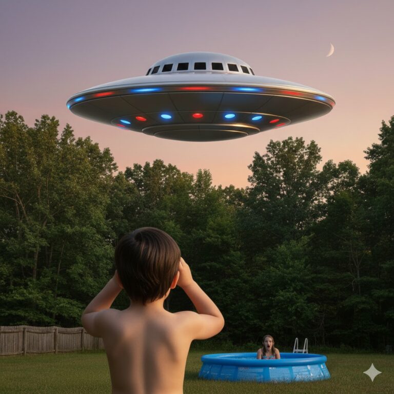 Rear view of a child in a backyard looking through red binoculars at a silver saucer-shaped UFO hovering over the Shawnee National Forest tree line.