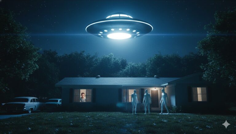 Nighttime recreation of a child peeking through a window at three tall beings in white suits standing in a yard under a hovering silver saucer UFO in Houston, 1955.