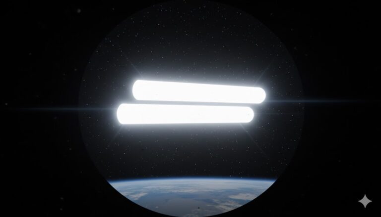 Telescopic view of two glowing, white neon cigar-shaped UFOs stacked vertically against a starry night sky above Earth's horizon.