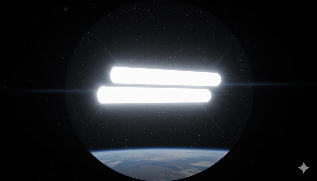 Telescopic view of two glowing, white neon cigar-shaped UFOs stacked vertically against a starry night sky above Earth's horizon.