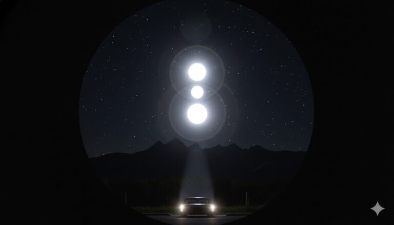 Telescopic view of three brilliant spherical UFOs maneuvering in a vertical line above Moat Mountain at night, with a 1964 Ford in the foreground signaling with headlights.