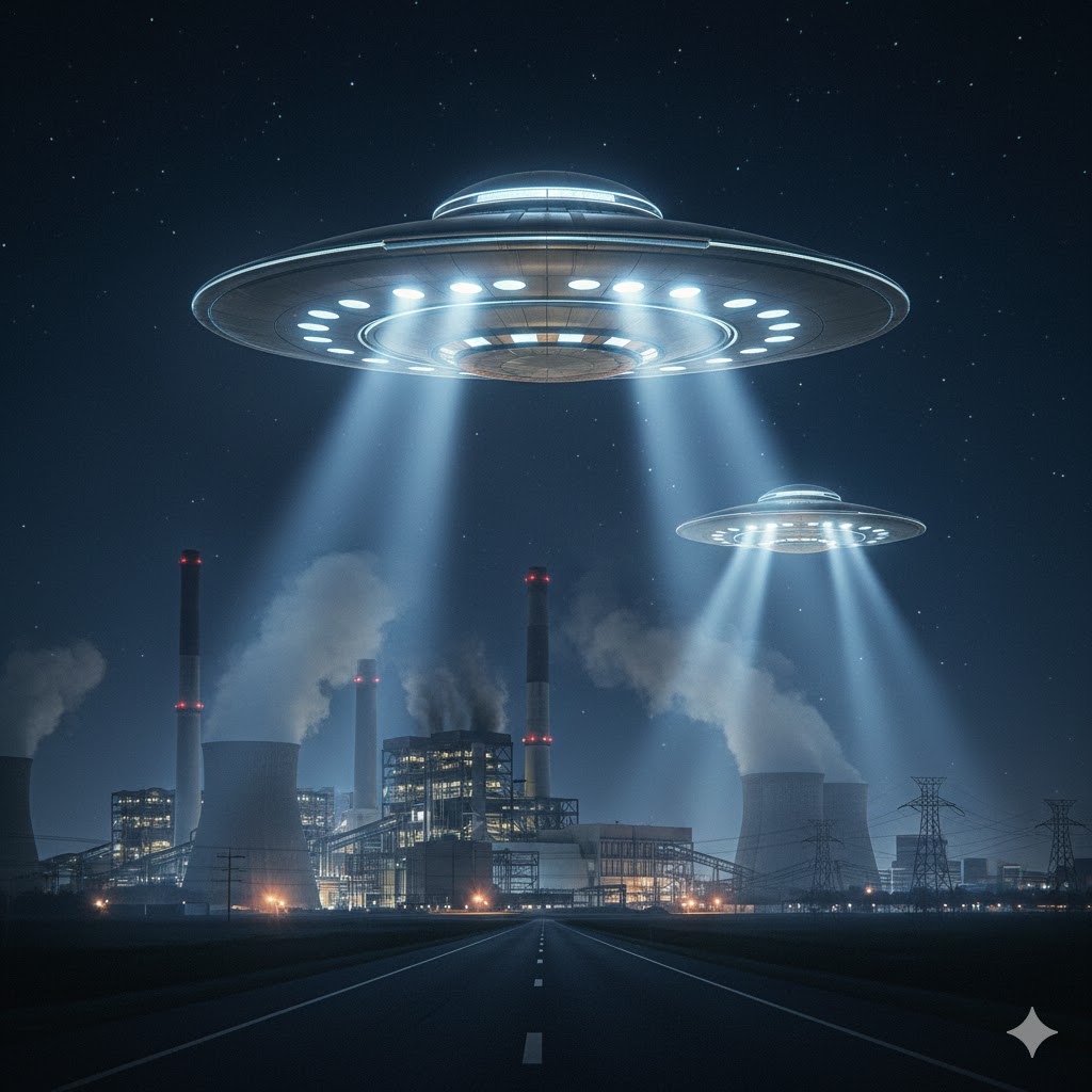 Digital recreation of two massive metallic wing-shaped UFOs with glowing port holes hovering over a coal power plant in Becker, Minnesota at night.