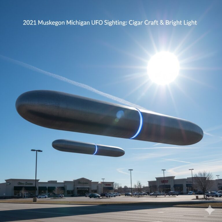 Recreation of the 2021 Muskegon, Michigan sighting: a long cigar-shaped craft with a vertical seam and a bright flashing light observed over an urban area.