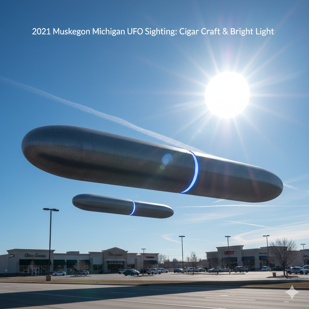 Recreation of the 2021 Muskegon, Michigan sighting: a long cigar-shaped craft with a vertical seam and a bright flashing light observed over an urban area.