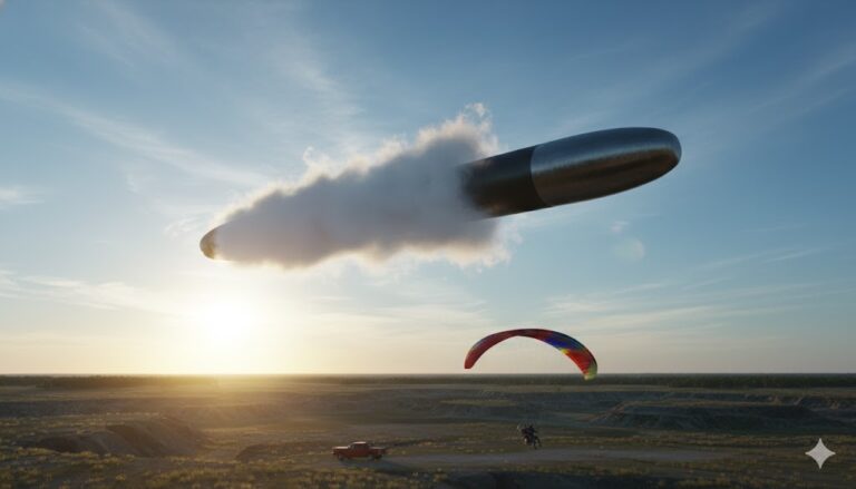 Recreation of a 2005 UFO sighting in Mount Olive, Alabama: A large metallic cigar-shaped craft with a dark band and surrounding fog hovering over a rural coal mine landscape observed by a paraglider.