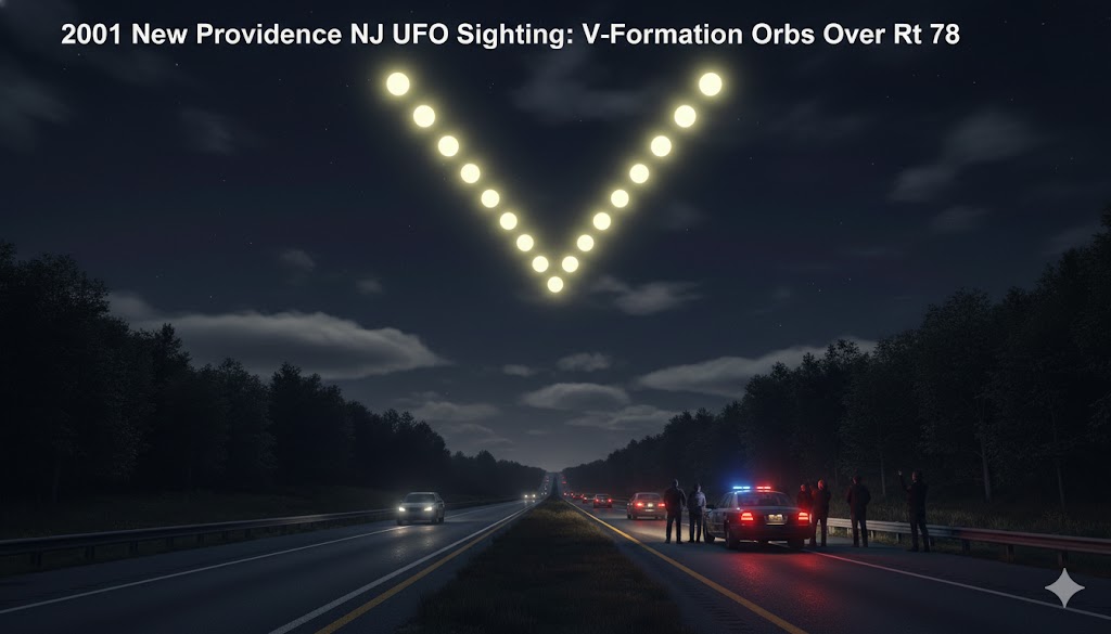 2001 New Providence NJ UFO Sighting: V-formation orbs glowing over Route 78.