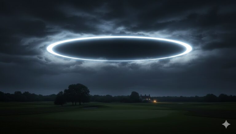 AI-generated depiction of the 1995 Merseyside UFO sighting: A large, silent ring of glowing white light hovering at low altitude over a dark golf course and farmhouse at night, illuminating the thick cloud cover above.