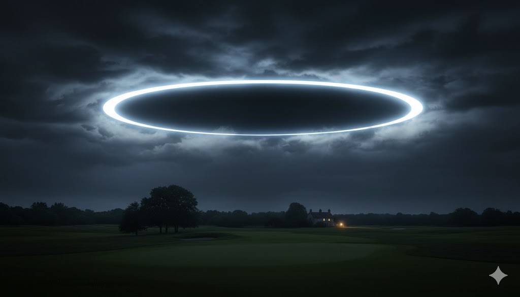 AI-generated depiction of the 1995 Merseyside UFO sighting: A large, silent ring of glowing white light hovering at low altitude over a dark golf course and farmhouse at night, illuminating the thick cloud cover above.