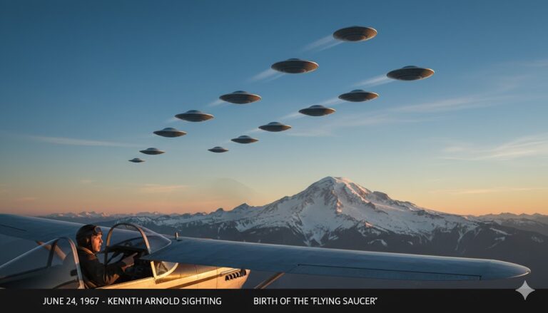 Artistic rendering of pilot Kenneth Arnold observing nine shiny, disc-like UFOs flying in formation past Mount Rainier on June 24, 1947.