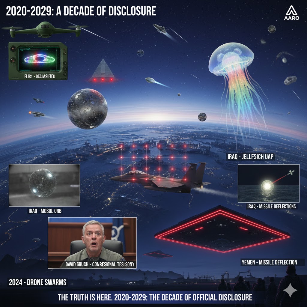 Infographic for the decade of UAP disclosure (2020-2029) featuring the Iraq Jellyfish UAP, Mosul Orb, Yemen missile deflection footage, and David Grusch's congressional testimony.