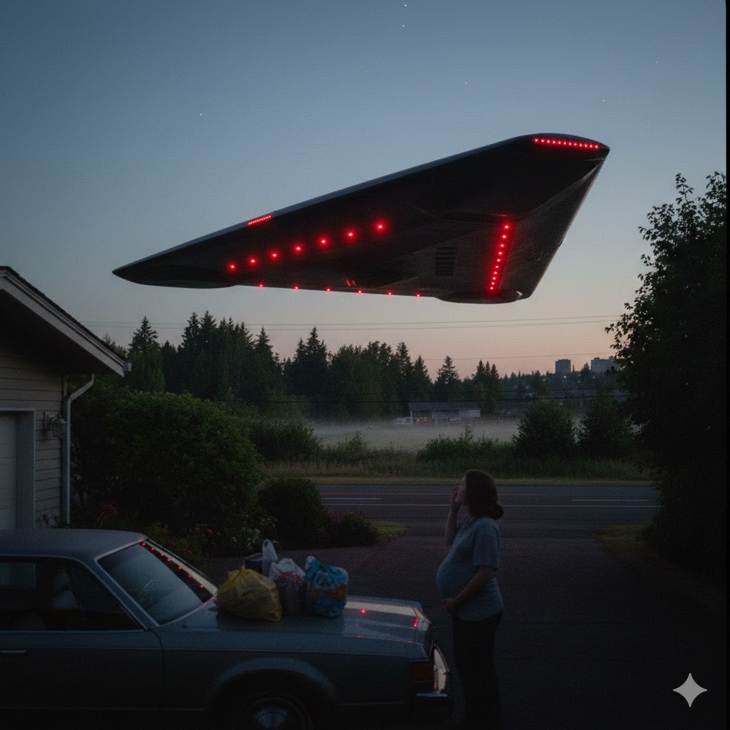 Massive V-shaped UFO with red lights flying low over Vancouver Washington in 1995