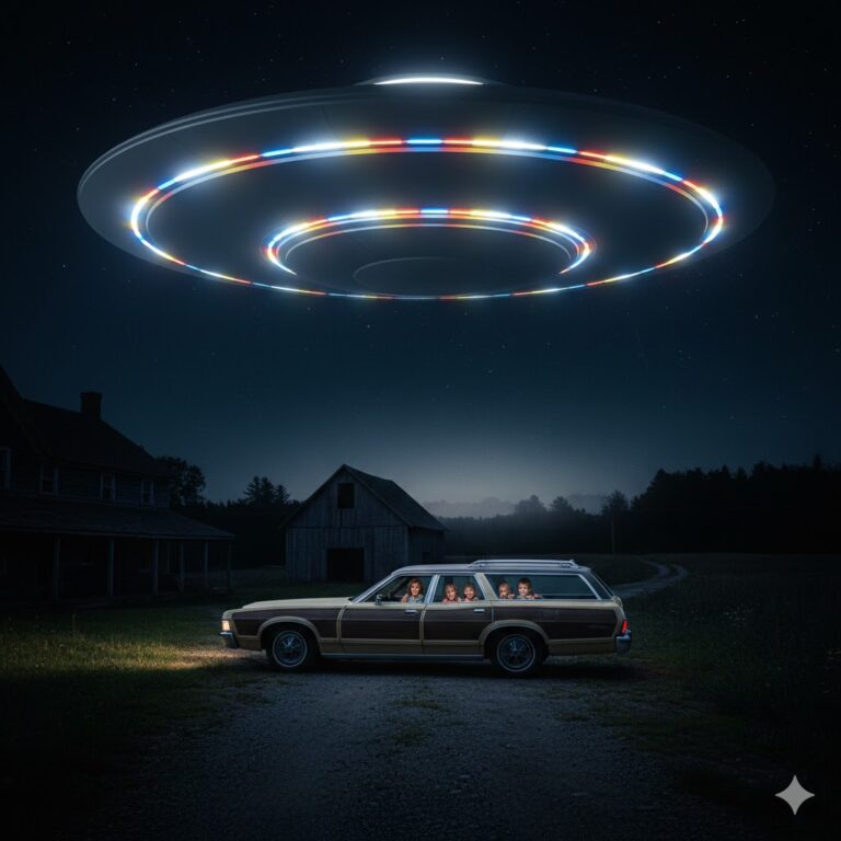 Circular UFO with rotating multi-colored lights hovering over a car in Baltic Connecticut 1979