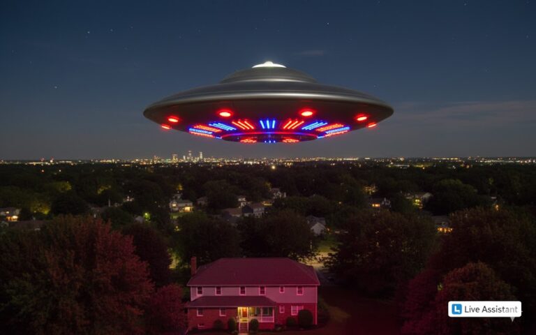 Stationary saucer shaped UFO with rotating red and blue lights Alexandria Virginia 2013