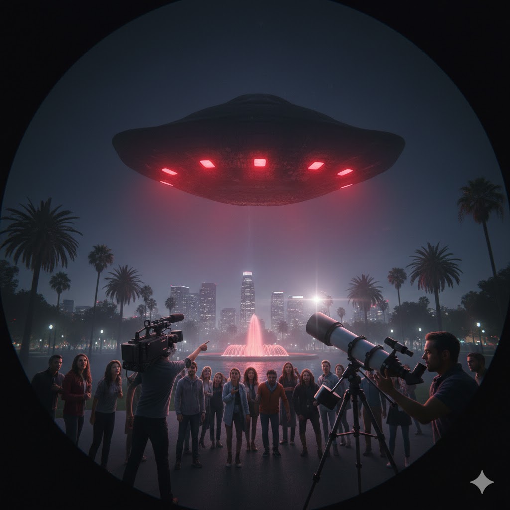Odd-shaped UFO with red windows captured on telescope at MacArthur Park Los Angeles 2014