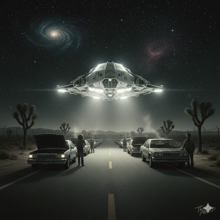 Illustration of the 1985 29 Palms California UFO abduction mass sighting with cars stopped on a desert highway.