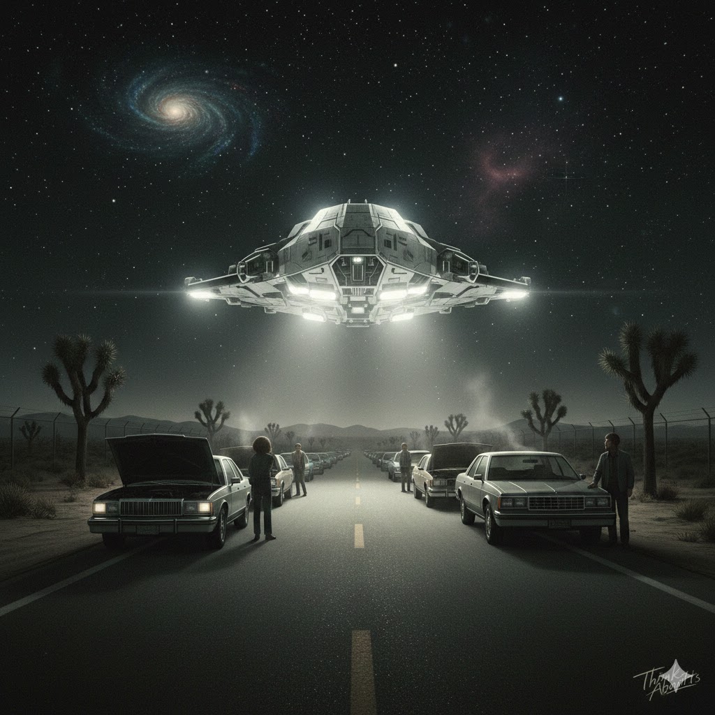 Illustration of the 1985 29 Palms California UFO abduction mass sighting with cars stopped on a desert highway.
